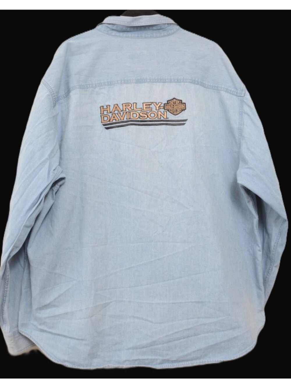 VTG Harley Davidson Motorcycle Men 3XL Denim Button Shirt Blue Cotton Embroidery
